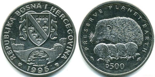 Босния и Герцеговина 500 динаров, 1995 год. Ежи