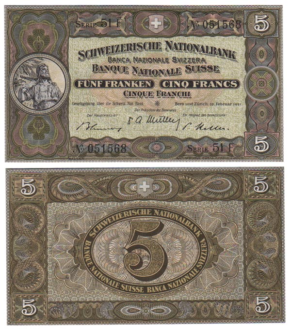 Бона. Швейцария 5 франков, 1951 год