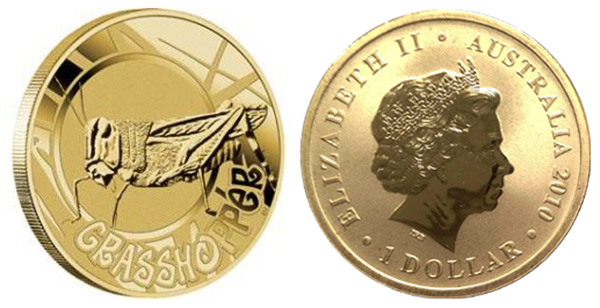 Австралия 1 доллар, 2010 год. Садовые букашки. Кузнечик