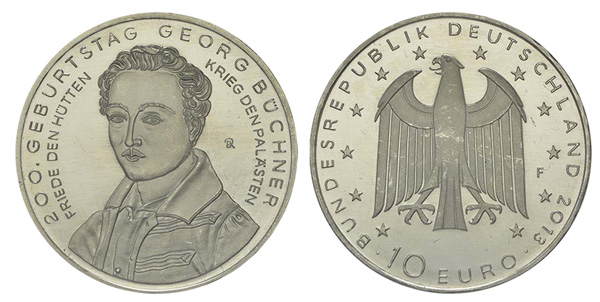 Германия 10 евро, 2013 год. 200-летие со дня рождения Георга Бюхнера