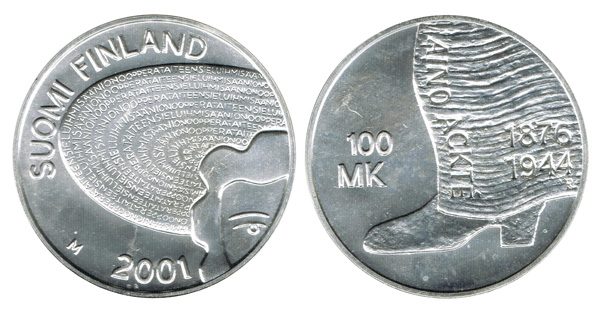 Финляндия 100 марок, 2001 год. Айно Акте — 125 лет со дня рождения