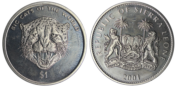 Сьерра-Леоне 1 доллар, 2001 год. Большие кошки мира. Гепард
