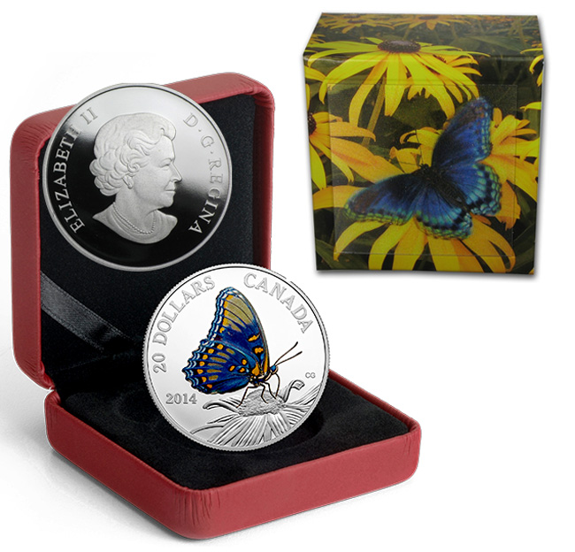 Канада 20 долларов, 2014 год. Пятнистная красно-фиолетовая бабочка