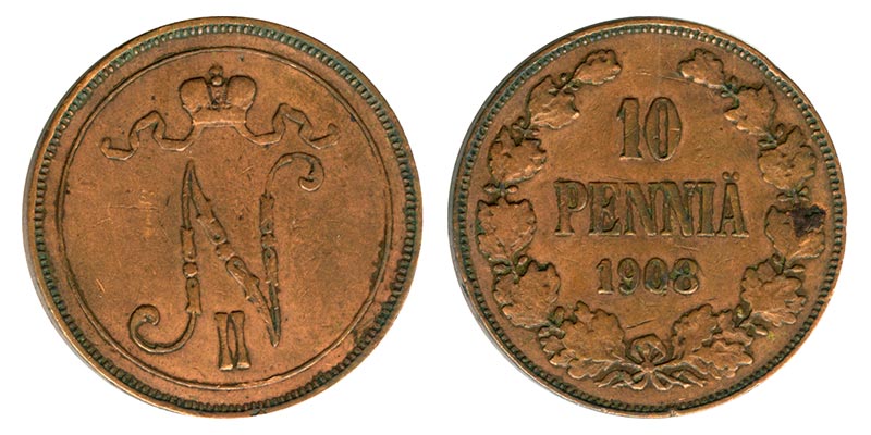 Россия 10 пенни, 1908 год. VF