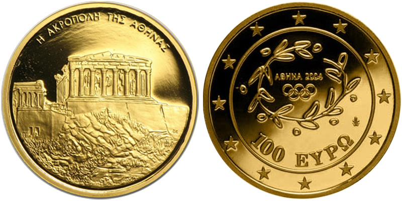 Греция 100 евро, 2004 год. Акрополь. Au999, 10 гр