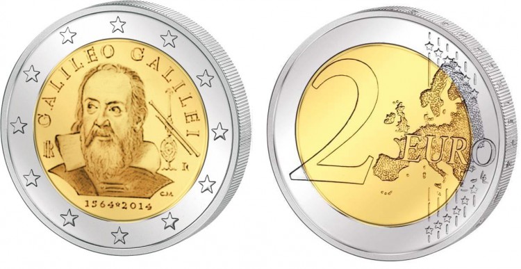 Италия 2 евро, 2014 год. Галилео Галилей