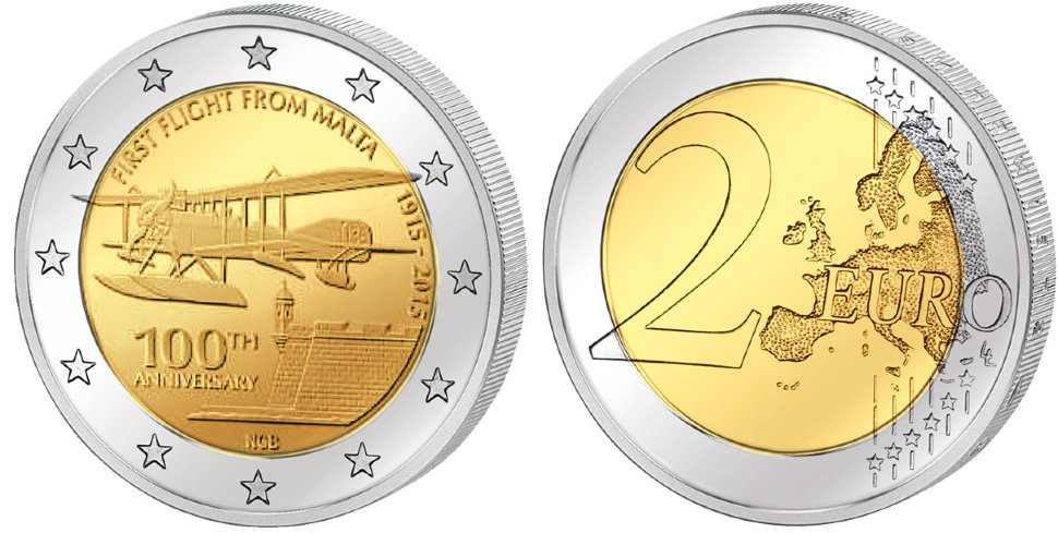 Мальта 2 евро, 2015 год. 100 лет первому авиаполету с Мальты