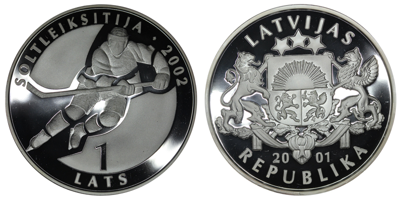 Латвия 1 лат, 2001 год. Хоккей. Олимпийские игры в Солт-Лэйк Сити 2002 года