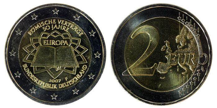 Германия 2 евро, 2007 год. 50 лет Союзному договору. F