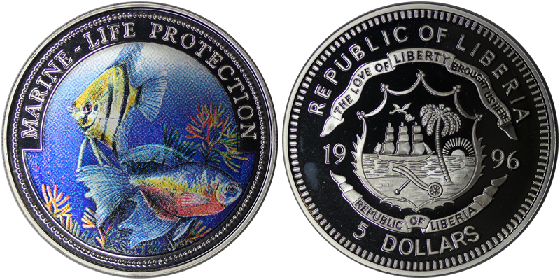 Либерия 5 долларов, 1996 год. Рыбы