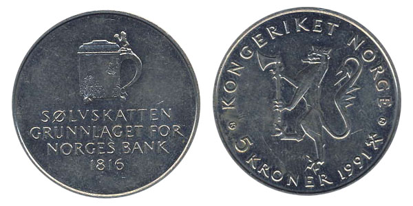 Норвегия 5 крон, 1991 год