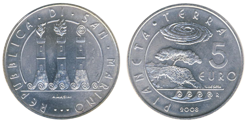 Сан-Марино 5 евро. 2008 год. Планета Земля