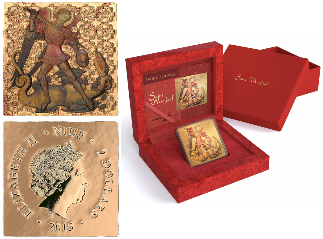 Ниуэ 2 доллара, 2015 год. Святой Михаил и дракон. Ag999, 31,1 гр