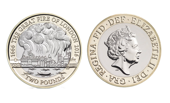 Великобритания 2 фунта, 2016 год. Пожар в Лондоне в 1666 году