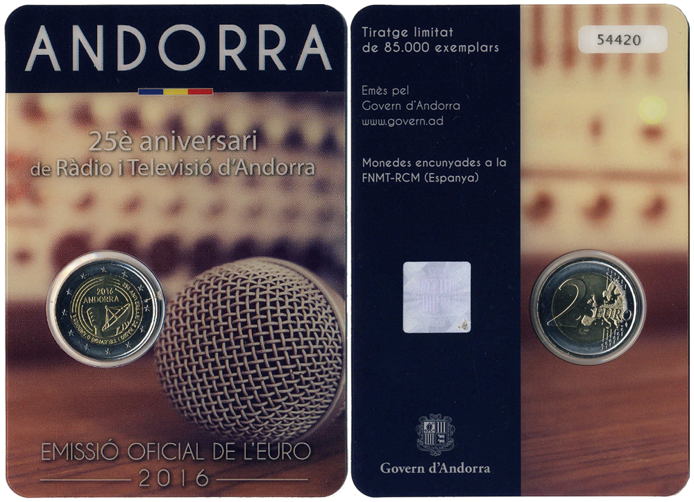 Андорра 2 евро, 2016 год. 25 лет радиовещанию. Блистер