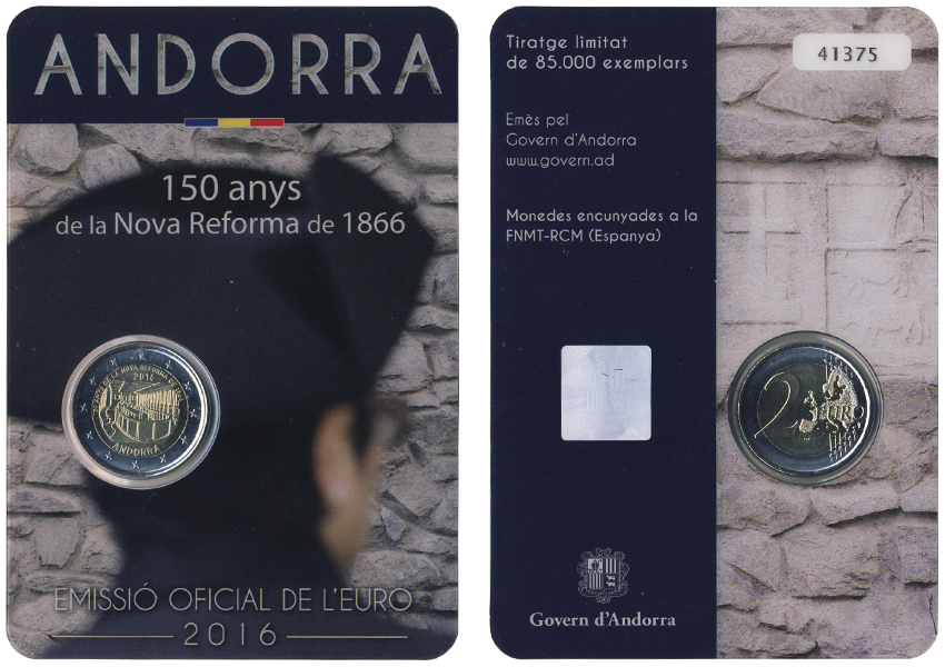 Андорра 2 евро, 2016 год. 150 лет Новой реформе 1866 года. Блистер