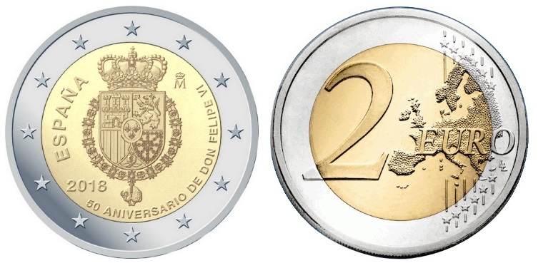 Испания 2 евро, 2018 год. 50 лет со дня рождения короля Филипа VI