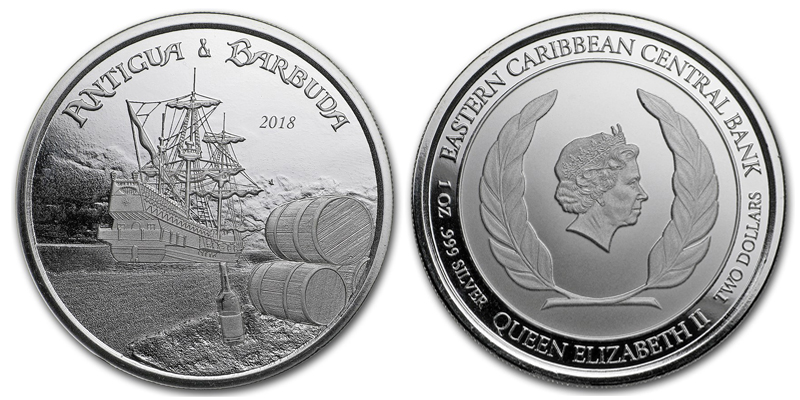 Восточно-Карибские государства 2 доллар, 2018 год. Антигуа и Барбуда. Ag999, 31,1 гр