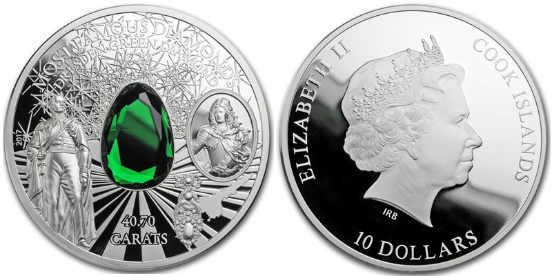 Острова Кука 10 долларов, 2017 год. Дрезденский зеленый бриллиант. Ag999, 62,2 гр