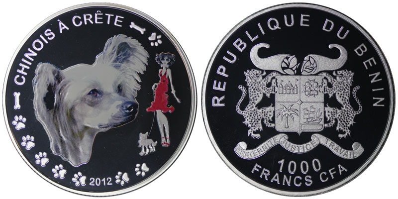 Бенин 1000 франков, 2012 год. Маленькие собаки. Китайская хохлатая. Ag999, 20 гр