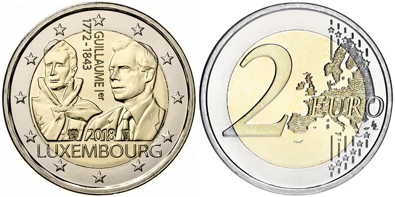 Люксембург 2 евро, 2018 год. 175 лет со дня смерти Гейома I
