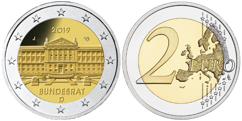 Германия 2 евро, 2019 год. Бундесрат. J