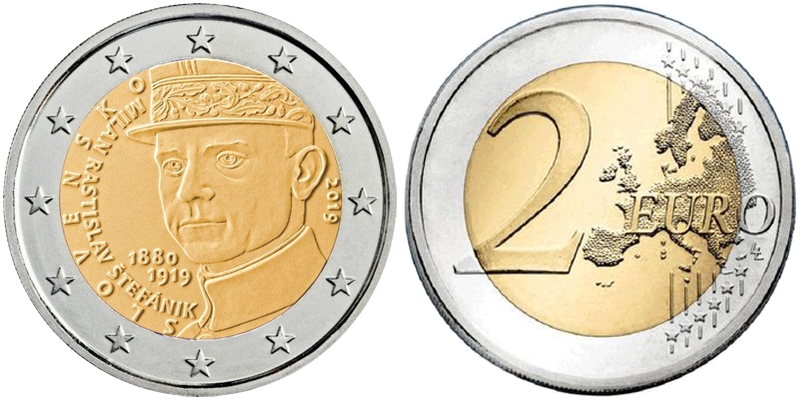 Словакия 2 евро, 2019 год. 100-летие со дня смерти Милана Растислава Штефаника