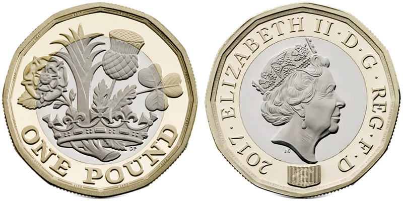 Великобритания 1 фунт, 2017 год. Новый дизайн BUNC