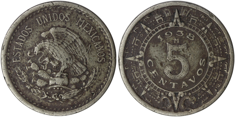 Мексика 5 сентаво, 1938 год