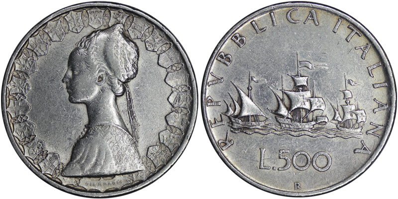 Италия 500 лир, 1958 год. Корабль Колумба
