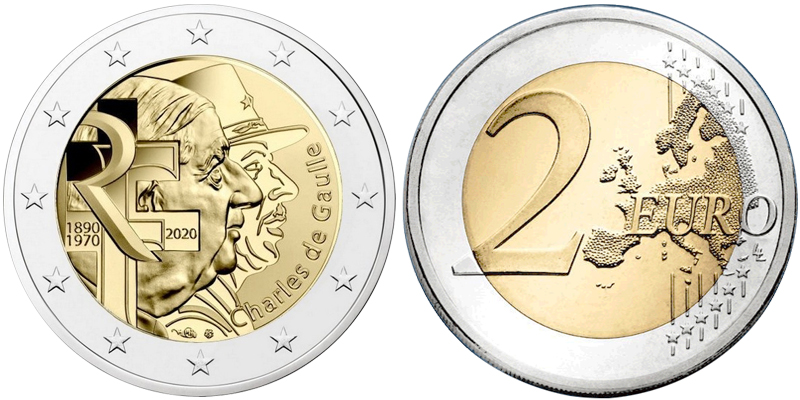 Франция 2 евро, 2020 год. 50 лет со дня смерти Шарля де Голля