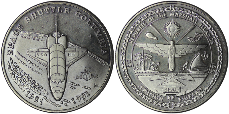 Маршалловы острова 5 долларов, 1991 год. Шаттл Колумбия