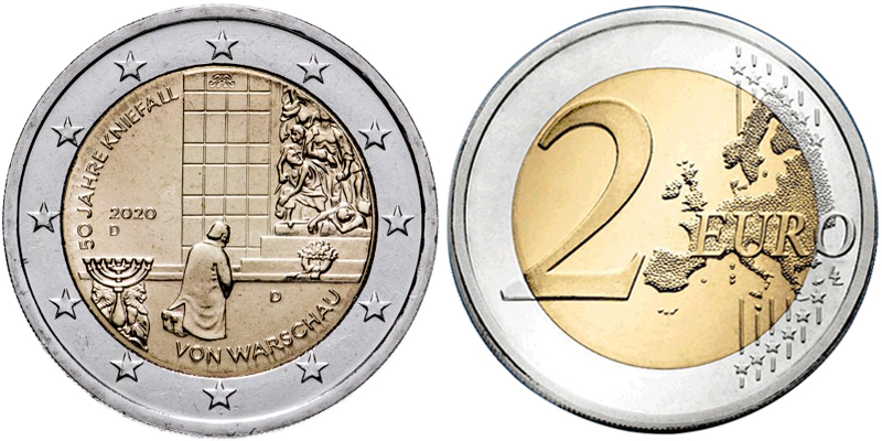 Германия 2 евро, 2020  год. 50-летие коленоприклонения в Варшаве. Двор D