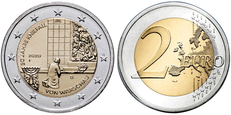 Германия 2 евро, 2020  год. 50-летие коленоприклонения в Варшаве. Двор F